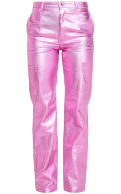 PrettyLittleThing Metallic Denim Stitch Detail Straight Leg Jeans Pink
