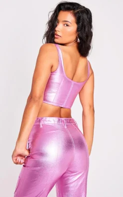 Best PrettyLittleThing Metallic Denim Stitch Detail Corset Pink
