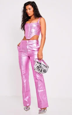Best PrettyLittleThing Metallic Denim Stitch Detail Corset Pink