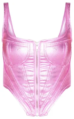 Best PrettyLittleThing Metallic Denim Stitch Detail Corset Pink