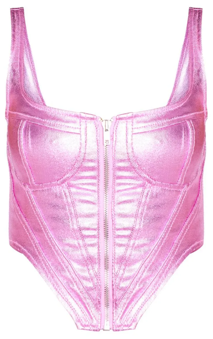 Best PrettyLittleThing Metallic Denim Stitch Detail Corset Pink