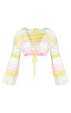 Clearance PrettyLittleThing Open Crochet Knit Floral Applique Crop Top Pink