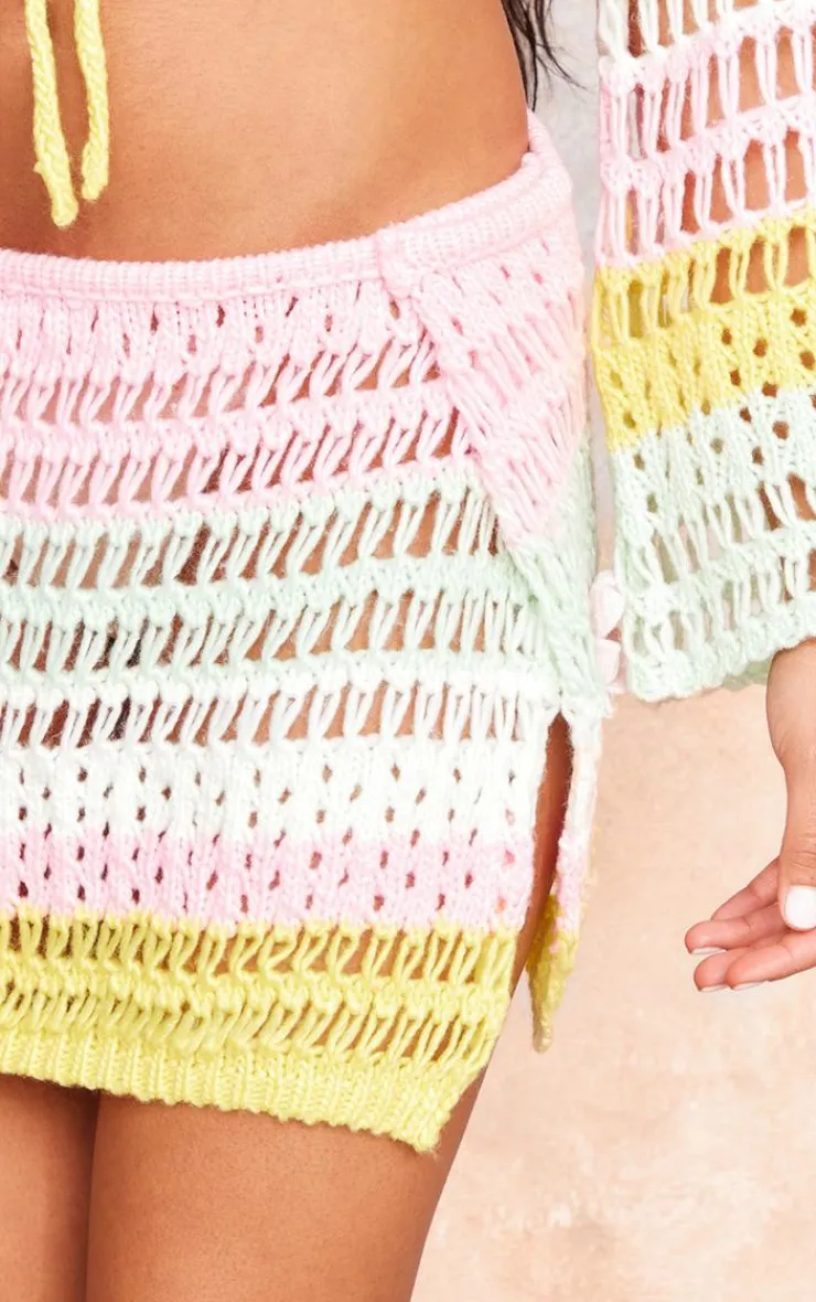 Discount PrettyLittleThing Open Crochet Knit Floral Mini Skirt Pink