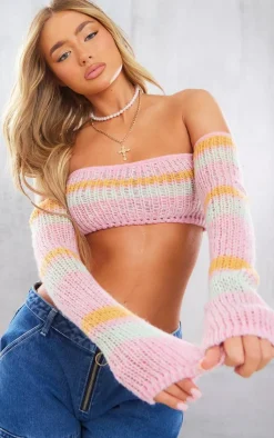 PrettyLittleThing Knitted Tops*Open Knit Off The Shoulder Bandeau Top