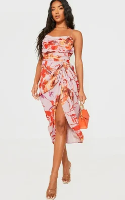 Oriental Floral Print Chiffon Ruched Drape Midi Dress-PrettyLittleThing Online