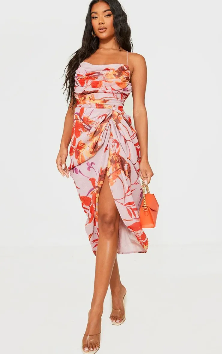 Oriental Floral Print Chiffon Ruched Drape Midi Dress-PrettyLittleThing Online