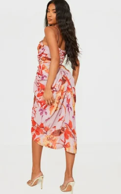 Oriental Floral Print Chiffon Ruched Drape Midi Dress-PrettyLittleThing Online