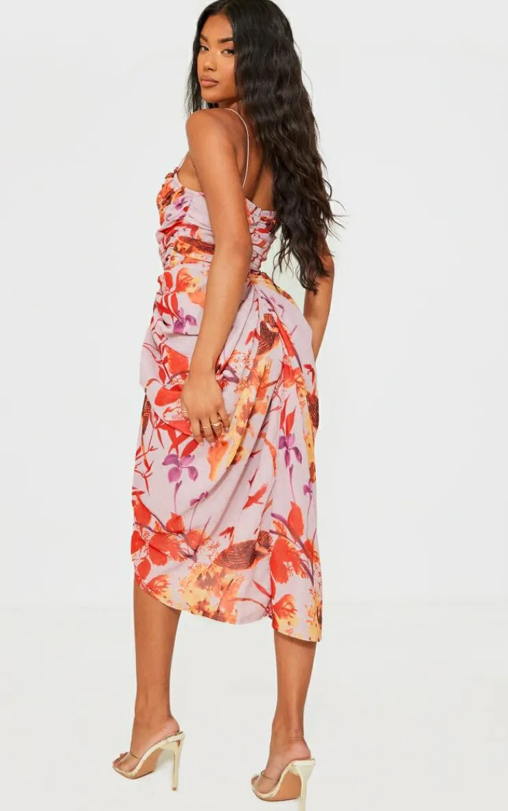 Oriental Floral Print Chiffon Ruched Drape Midi Dress-PrettyLittleThing Online
