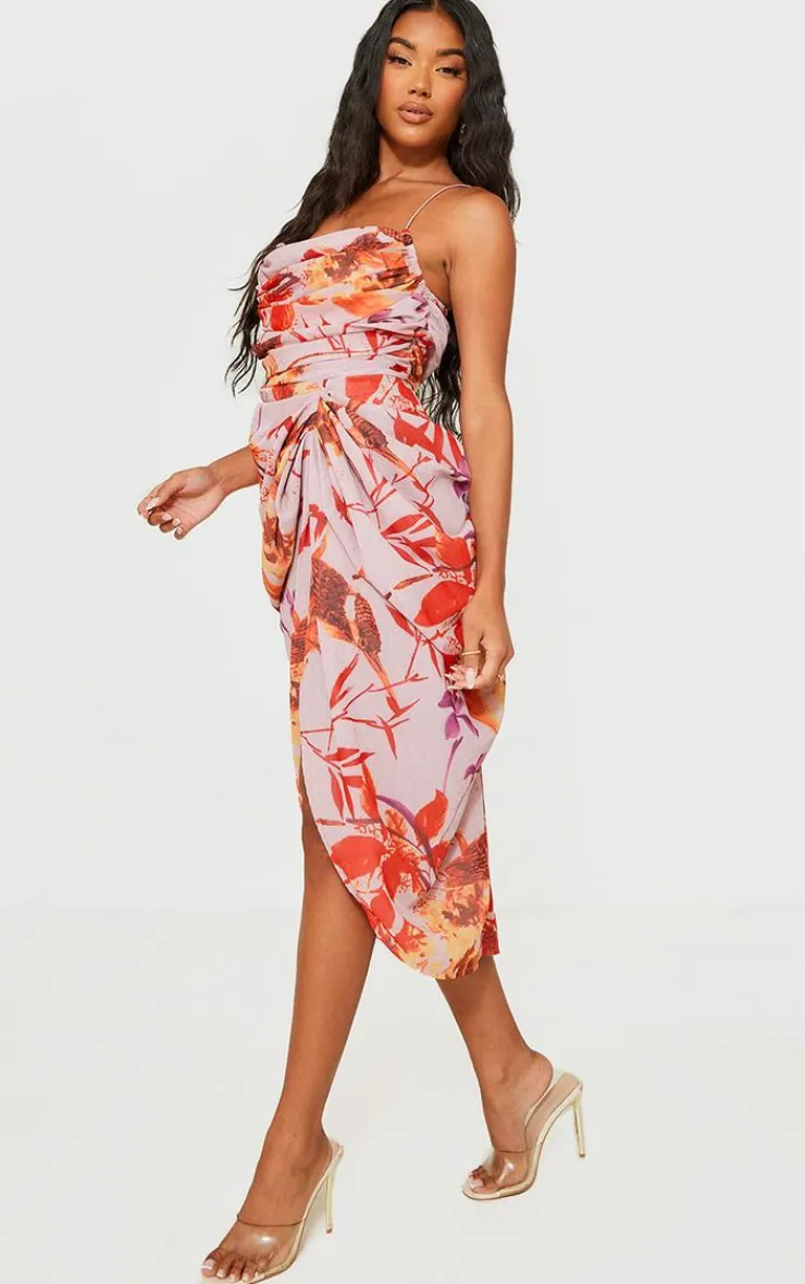 Oriental Floral Print Chiffon Ruched Drape Midi Dress-PrettyLittleThing Online