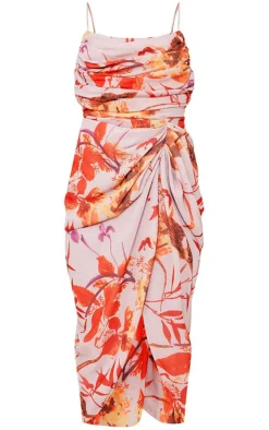 Oriental Floral Print Chiffon Ruched Drape Midi Dress-PrettyLittleThing Online