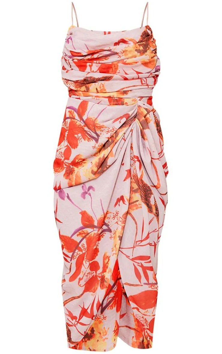 Oriental Floral Print Chiffon Ruched Drape Midi Dress-PrettyLittleThing Online
