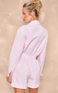 Pink Pinstripe Button Up Shirt Detail Romper