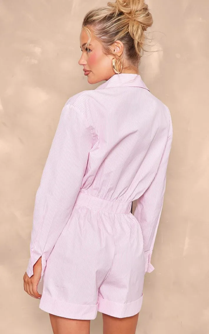 Pink Pinstripe Button Up Shirt Detail Romper