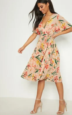 Pleated Floral Midi Dress-PrettyLittleThing Outlet