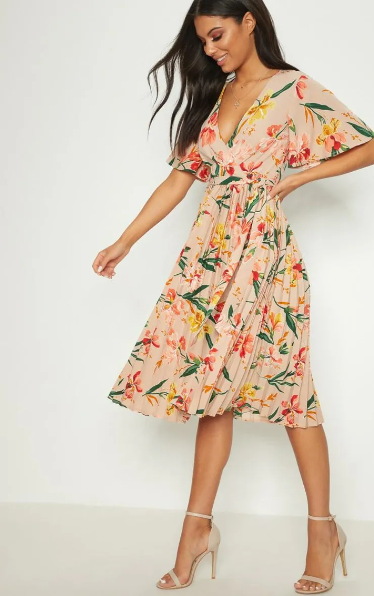 Pleated Floral Midi Dress-PrettyLittleThing Outlet