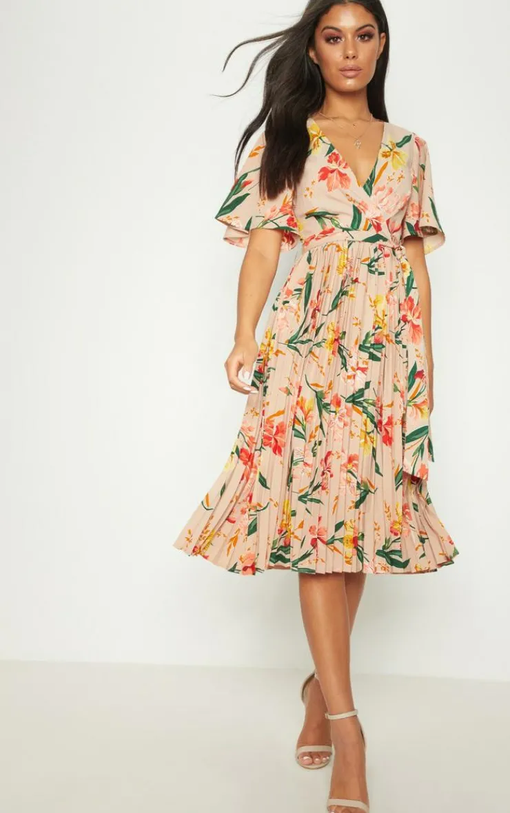 Pleated Floral Midi Dress-PrettyLittleThing Outlet