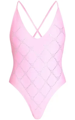 Pink Plunge Diamante Swimsuit