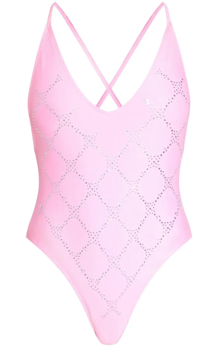 Pink Plunge Diamante Swimsuit