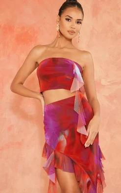 Online PrettyLittleThing Print Mesh Ruffle Bandeau Pink