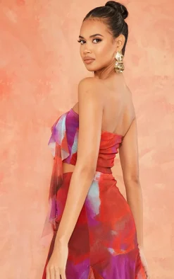 Online PrettyLittleThing Print Mesh Ruffle Bandeau Pink