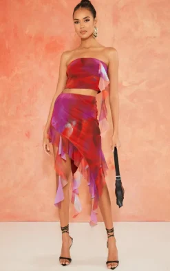 Online PrettyLittleThing Print Mesh Ruffle Bandeau Pink