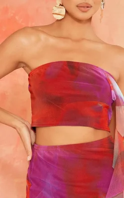 Online PrettyLittleThing Print Mesh Ruffle Bandeau Pink
