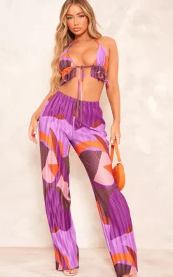 PrettyLittleThing Print Plisse High Waist Wide Leg Pants Pink
