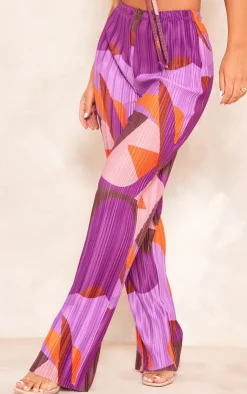 PrettyLittleThing Print Plisse High Waist Wide Leg Pants Pink