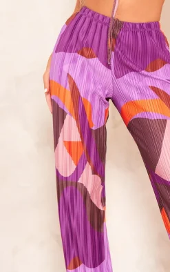 PrettyLittleThing Print Plisse High Waist Wide Leg Pants Pink