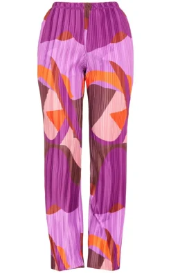 PrettyLittleThing Print Plisse High Waist Wide Leg Pants Pink