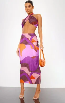 PrettyLittleThing Print Plisse Low Rise Midaxi Skirt Pink