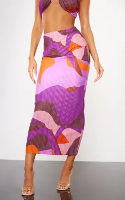 PrettyLittleThing Print Plisse Low Rise Midaxi Skirt Pink