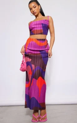 Sale PrettyLittleThing Print Plisse Maxi Skirt Pink