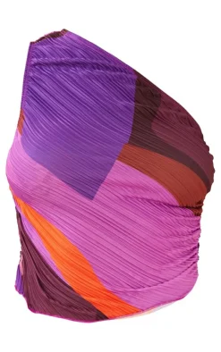 Sale PrettyLittleThing Print Plisse One Shoulder Top Pink