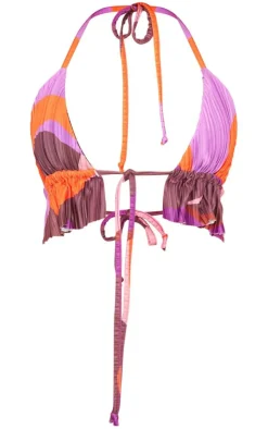 New PrettyLittleThing Print Plisse Peplum Hem Halterneck Bralet Pink