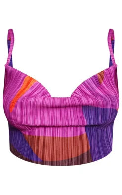 Online PrettyLittleThing Print Plisse Strappy Cowl Neck Top Pink