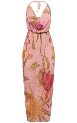 Print Sheer Plisse Cowl Neck Maxi Dress-PrettyLittleThing Best