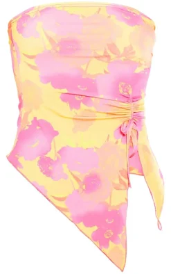 Online PrettyLittleThing Print Slinky Ruched Asymmetric Bandeau Pink