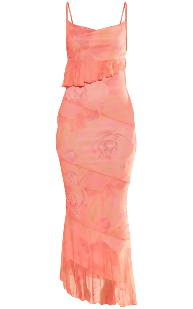 Printed Mesh Frill Cowl Back Maxi Dress-PrettyLittleThing Online