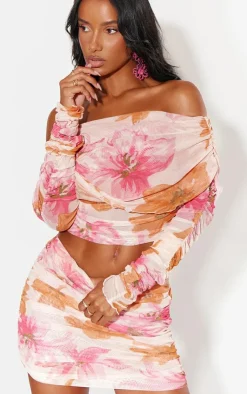Best PrettyLittleThing Printed Mesh Ruched Bardot Long Sleeve Top Pink