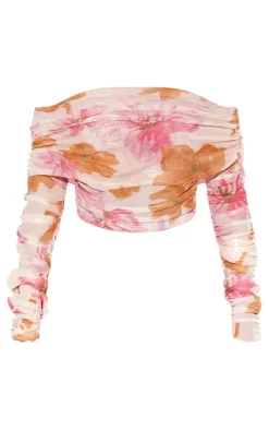 Best PrettyLittleThing Printed Mesh Ruched Bardot Long Sleeve Top Pink