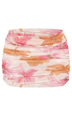 Discount PrettyLittleThing Printed Mesh Ruched Micro Mini Skirt Pink