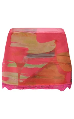 Discount PrettyLittleThing Printed Sheer Mesh Lace Trim Mini Skirt Pink
