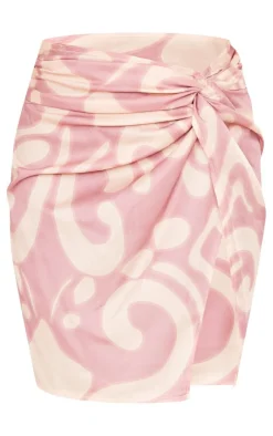 Online PrettyLittleThing Printed Twist Front Split Leg Mini Skirt Pink