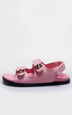 PrettyLittleThing Flat Sandals*PU Round Toe Buckled Sling Back Footbed Sandals