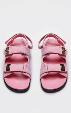 PrettyLittleThing Flat Sandals*PU Round Toe Buckled Sling Back Footbed Sandals