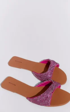 PrettyLittleThing Flat Sandals*Pu Round Toe Diamante Strap Flat Sandals