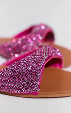 PrettyLittleThing Flat Sandals*Pu Round Toe Diamante Strap Flat Sandals