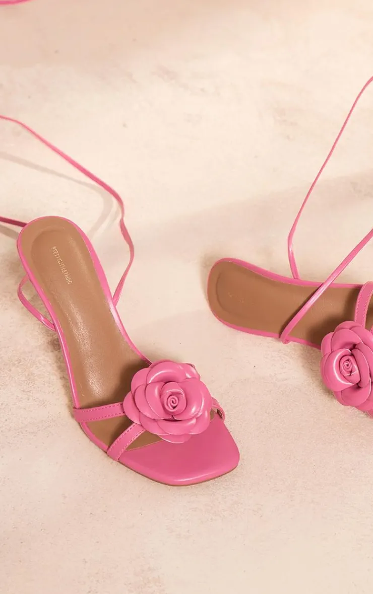 PrettyLittleThing Lace Up Heels*PU Square Toe Corsage Strap Lace Up Heeled Sandals