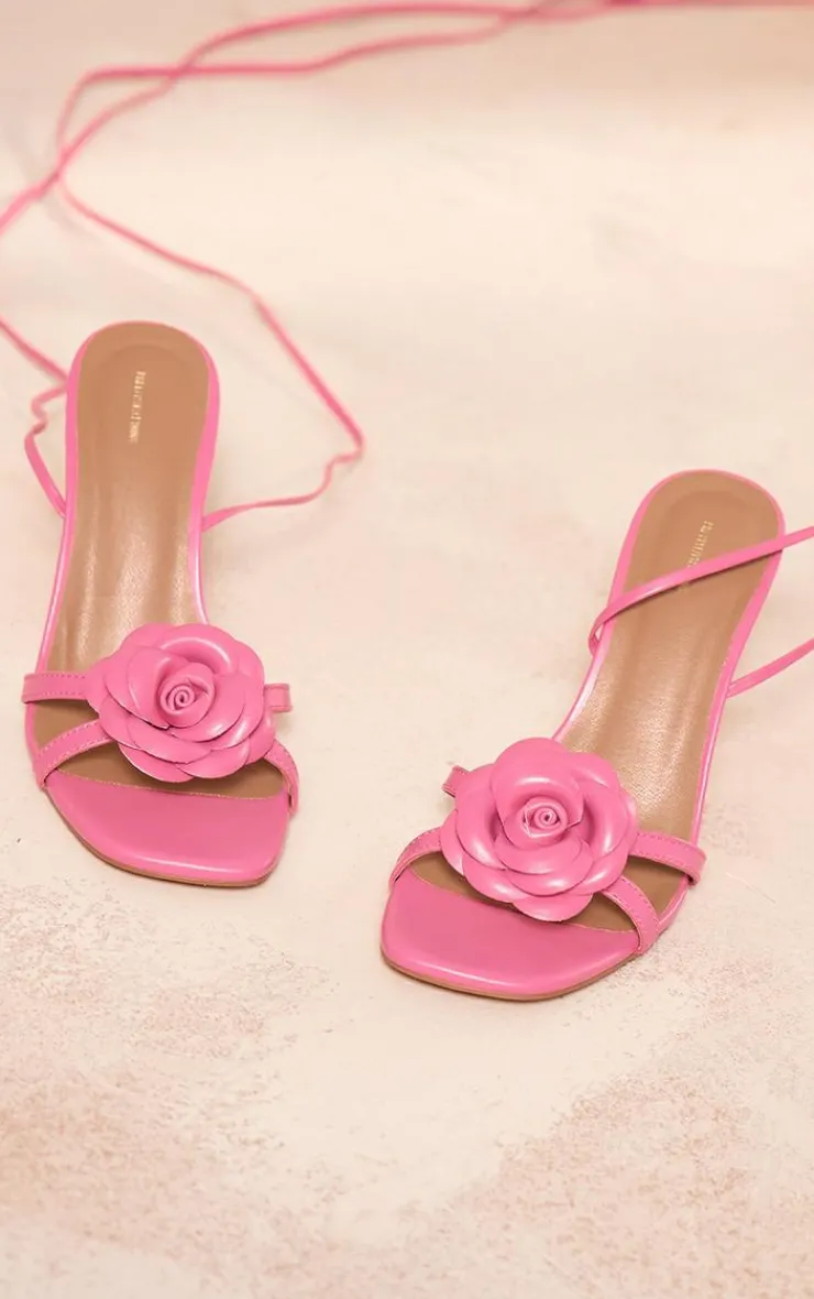 PrettyLittleThing Lace Up Heels*PU Square Toe Corsage Strap Lace Up Heeled Sandals